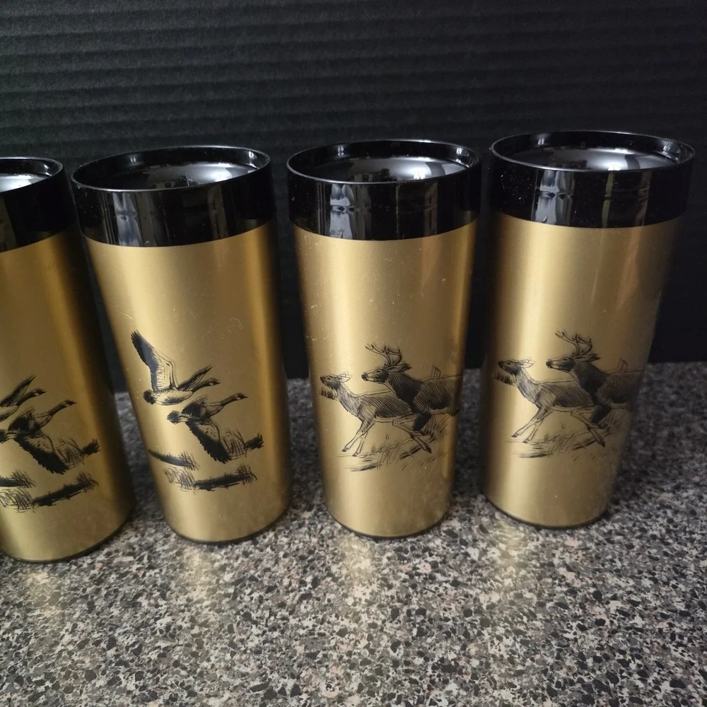 Vintage MCM NFC Gold Black Wildlife Insulated Tumblers Set‎ of 6 Made in USA
